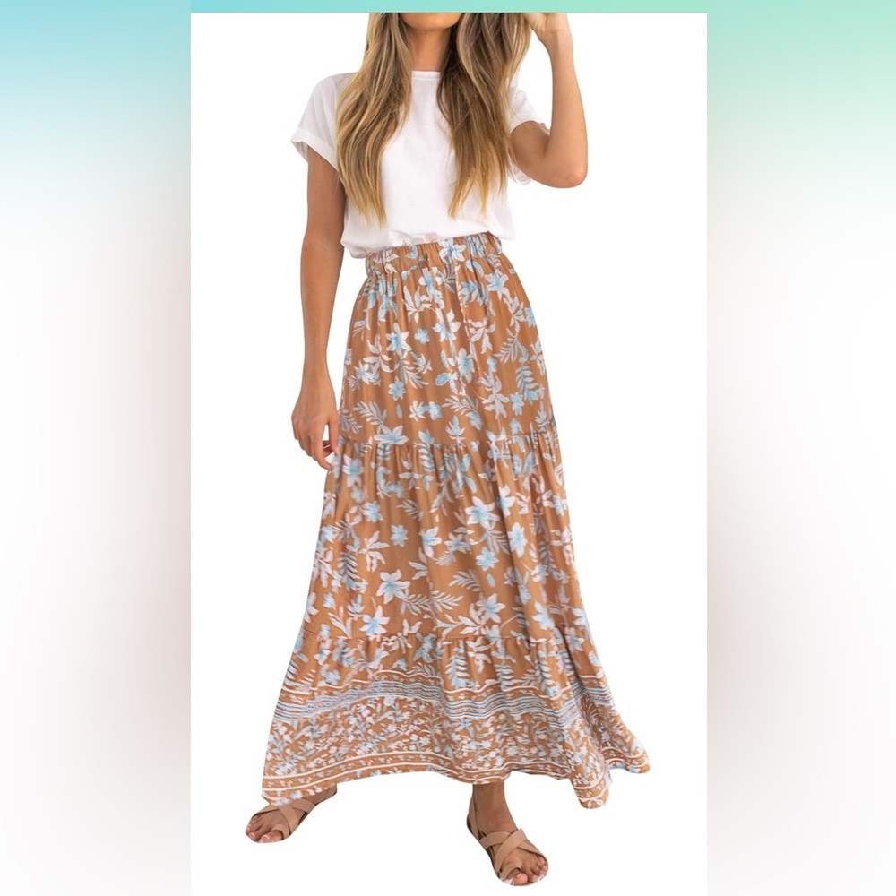 Women's Bohemian Floral Printed Elastic Waist A Line Maxi Skirt with Pockets